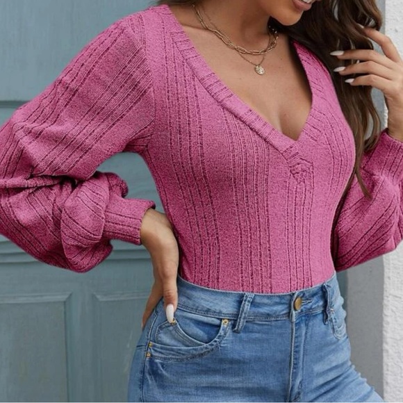 SHEIN Tops - Bishop Sleeve Ribbed Knit Tee - New